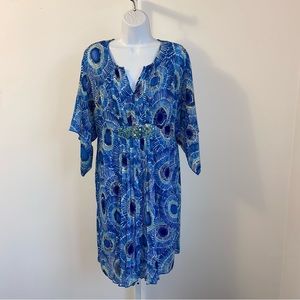 Chico’s Beaded Blue Print Dress Medium Georgette Overlay Tank Kimono Sleeves